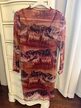 Sheer Mesh Midi Dress in Rust Mountain Print